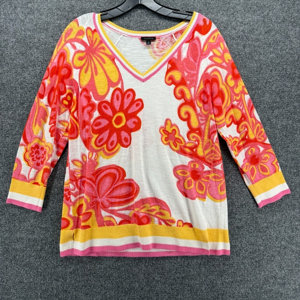 Talbots Sweater Womens S‎ Pink Jacquard Floral V-Neck Pullover Colorful Coastal